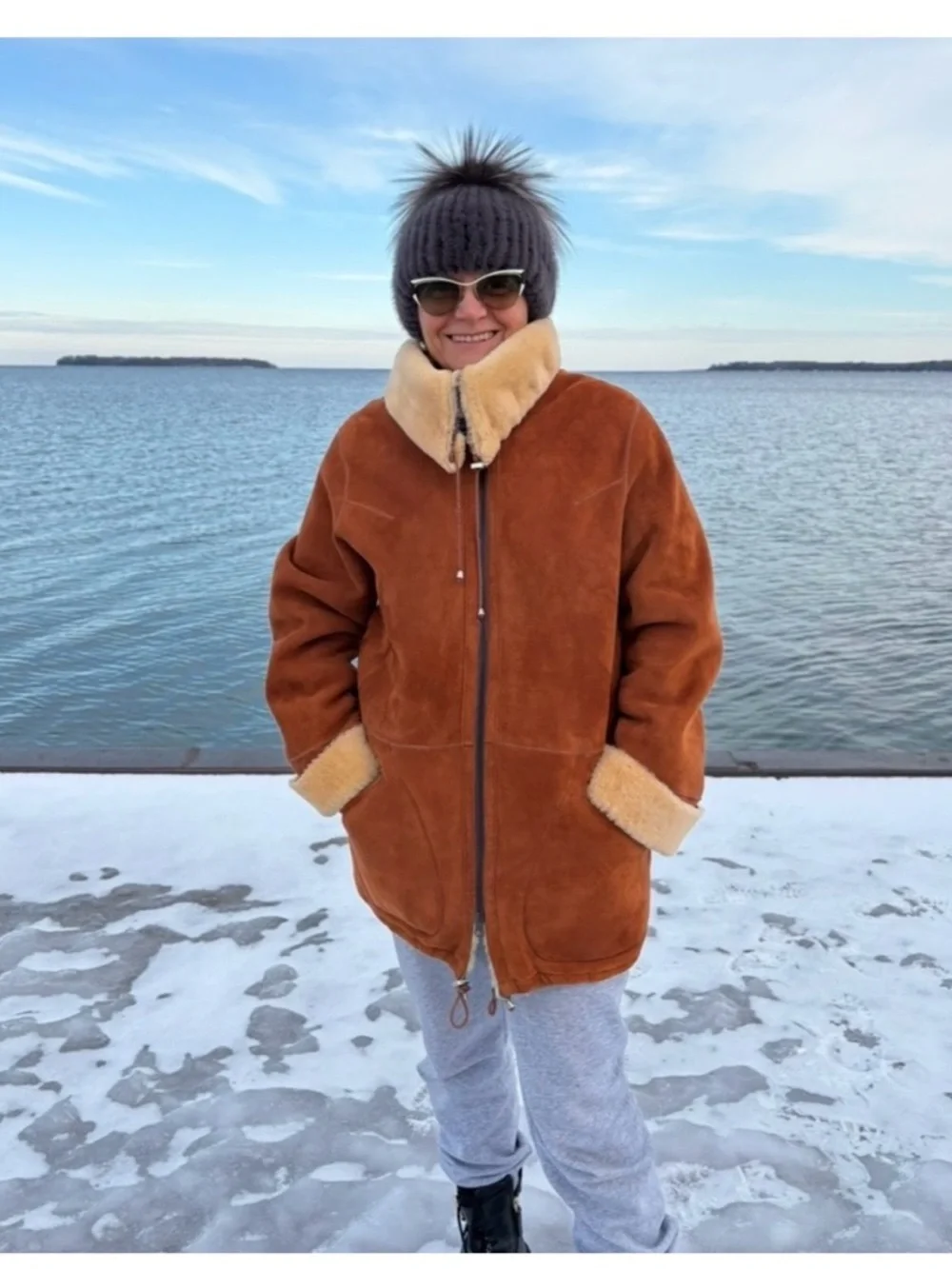 Classic Brown Shearling-Trim Women's Coat - Picture 1 of 13